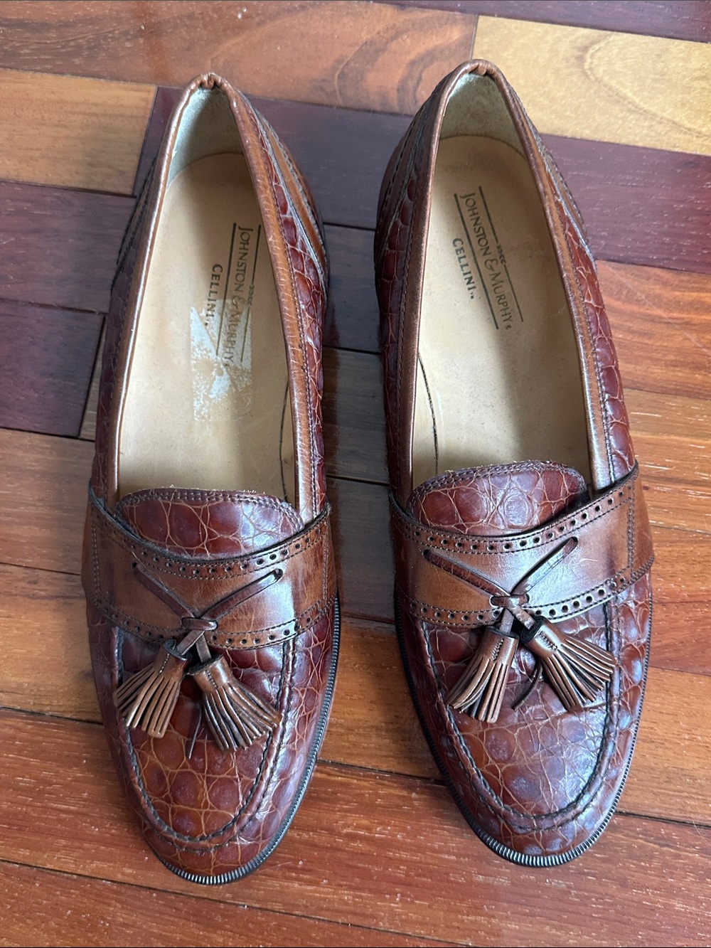 Johnston & Murphy Men's Cognac Croc Embossed Tassel Loafers size 10M Cellini